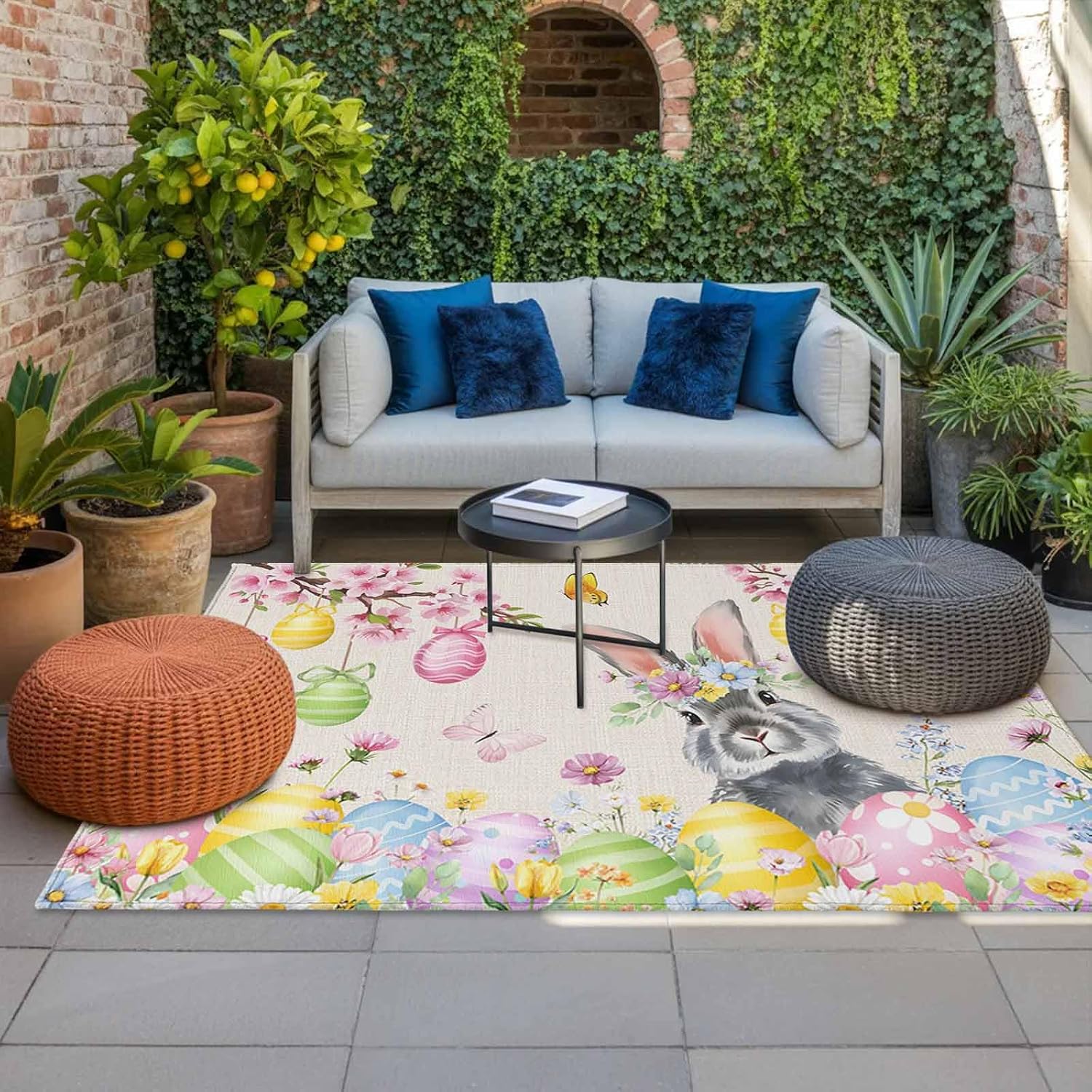 Easter Rabbits Outdoor Rug for Patio/Deck/Porch, Non-Slip Large Area Rug 6 x 9 Ft, Weeping Pink Peach Eggs Vintage Beige Spring Indoor Outdoor Rugs Washable Area Rugs, Camping Rug Carpet Runner