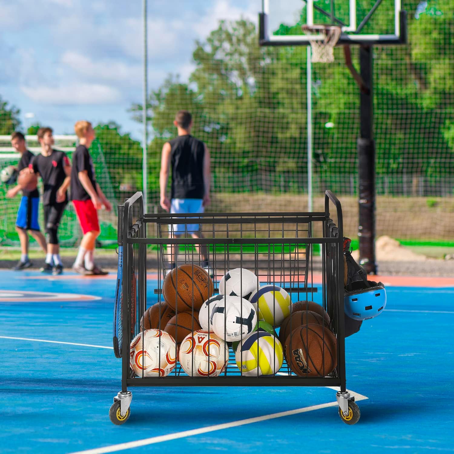 MyGift Large Capacity Metal Rolling Multi Sports Ball Cage Storage Hopper, Gym Equipment Basket Cart with Lockable Latch, Heavy Duty Caster Wheels, and 8 Accessory Hooks