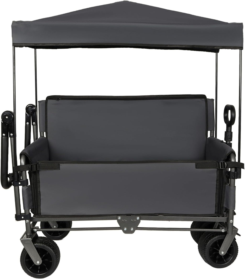 ZeHuoGe 3-in-1 Folding Wagon Cart with Bench Seat & Canopy & Storage, 500lbs Heavy-Duty, 180L Capacity, All-Terrain Wagon for Camping, Beach, Sports, & Garden (Gray)