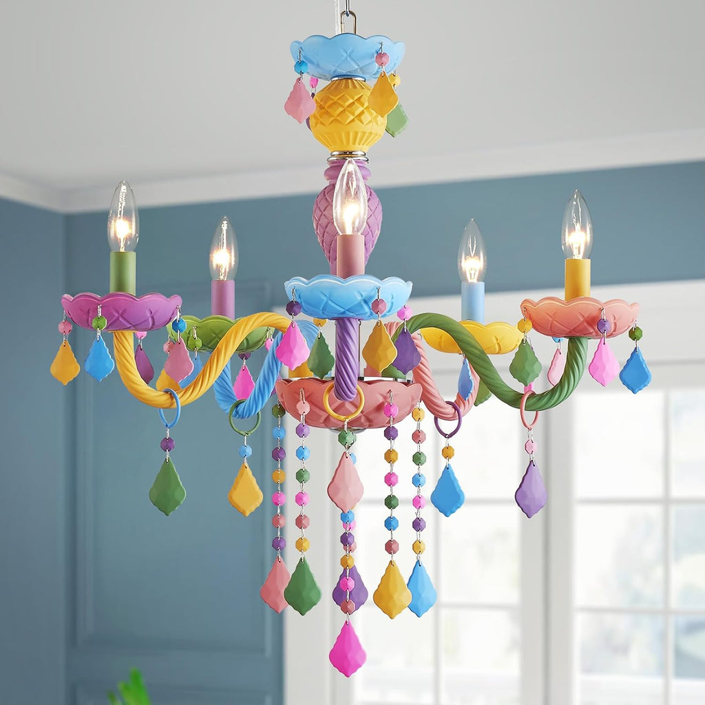 5-Lights Children Chandeliers, Modern Candy Design, Colorful Crystal Chandeliers for Bedroom, Dining Room, D22.8'' × H33.5'', Adjustable Height (33.5'~70.9'), Youth Color & Chrome Finish Frame