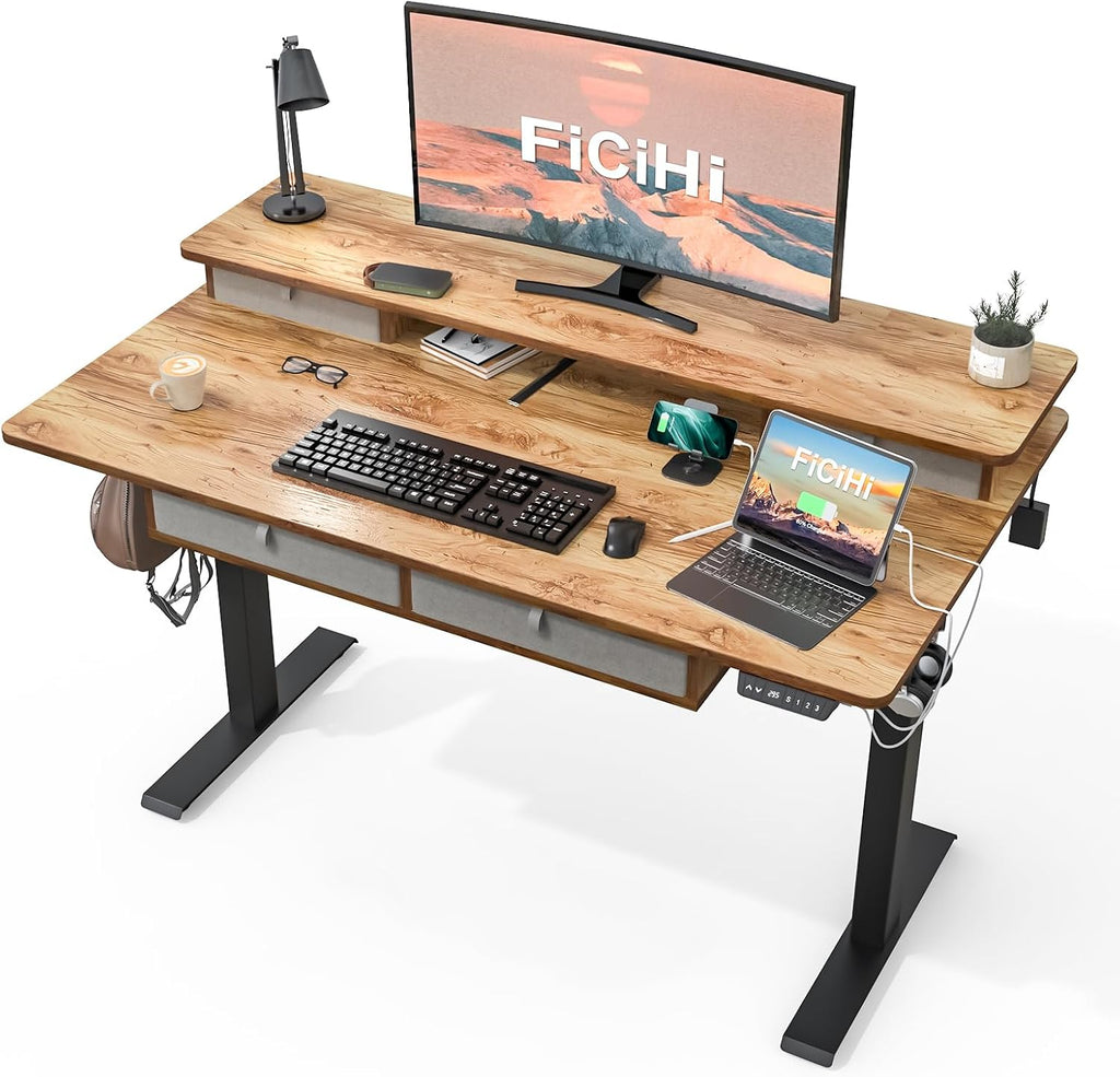 FiCiHi Adjustable Height Standing Desk with 4 Drawers,48 x 30 inches Electric Sit Stand Home Office Desk with Two Tiers, 3 Memory Presets, Monitor Stand Riser, USB A/C Charging Port