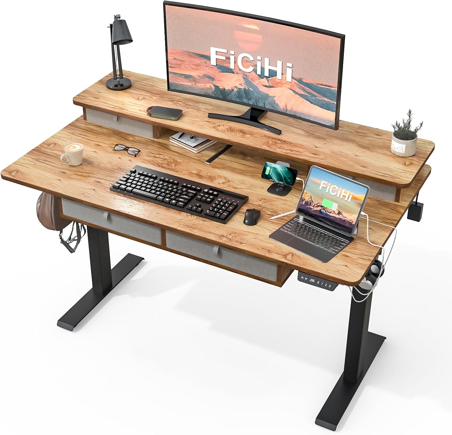 FiCiHi Adjustable Height Standing Desk with 4 Drawers,48 x 30 inches Electric Sit Stand Home Office Desk with Two Tiers, 3 Memory Presets, Monitor Stand Riser, USB A/C Charging Port