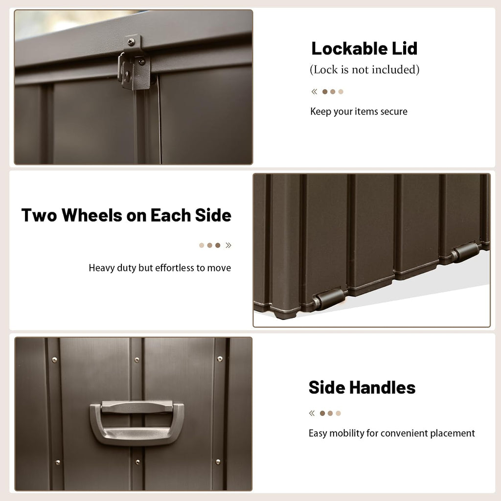 100 Gallon Metal Outdoor Storage Box, Deck Box Waterproof, Outside Steel Storage Lockable Cabinet, Indoor Storage Bin Container for Patio/Poolside/Backyard Cushions, Pillow -Brown