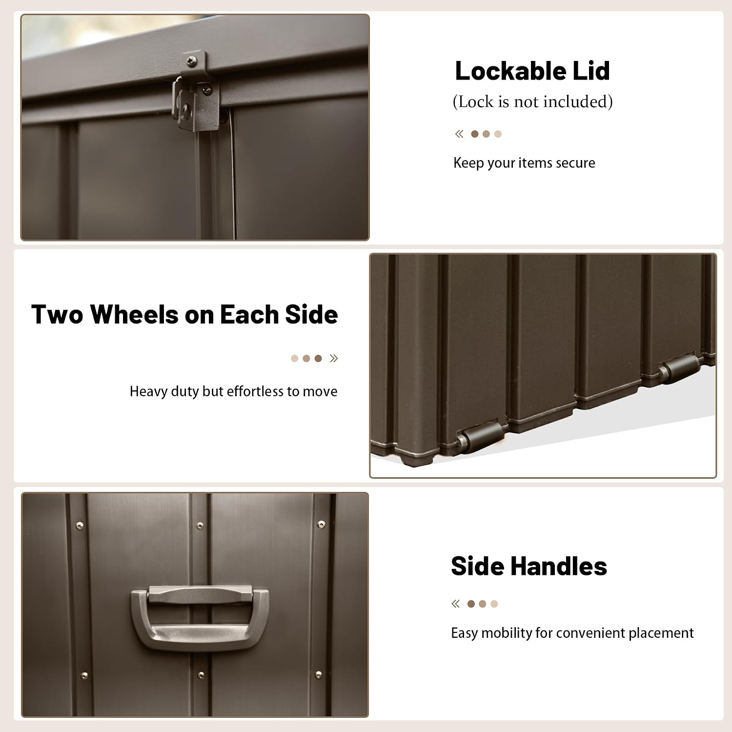 100 Gallon Metal Outdoor Storage Box, Deck Box Waterproof, Outside Steel Storage Lockable Cabinet, Indoor Storage Bin Container for Patio/Poolside/Backyard Cushions, Pillow -Brown