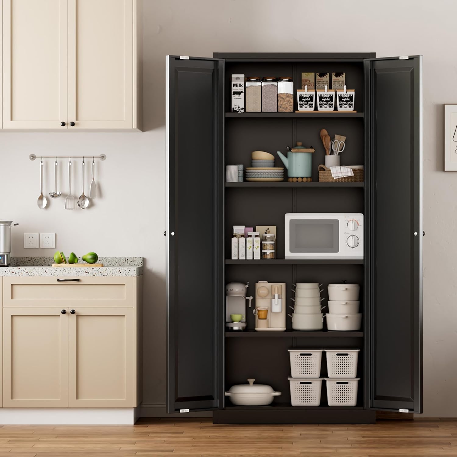 Greenvelly Metal Cabinet, 63' H Black Metal Storage Cabinet with Doors and 4 Shelves, Pantry Storage Cabinet for Kitchen, Bedroom, Living Room, Office (Modern)