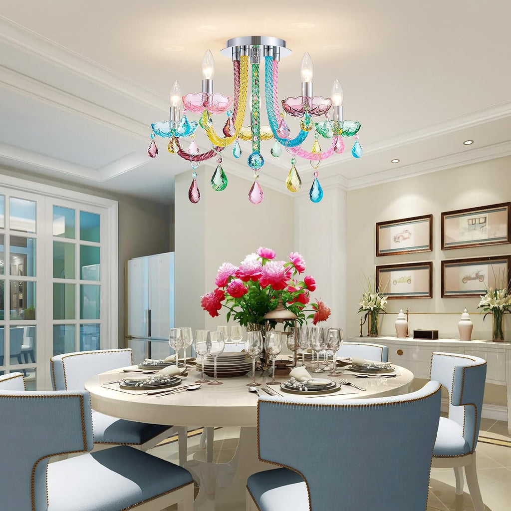 5-Light Children Candle Chandeliers, Modern Candy Design Flushmount Light Fixture for Bedroom, Dining Room, Kitchen, Bathroom, D22×H16 inch, Clear Rainbow Color Finish & K9 Crystal