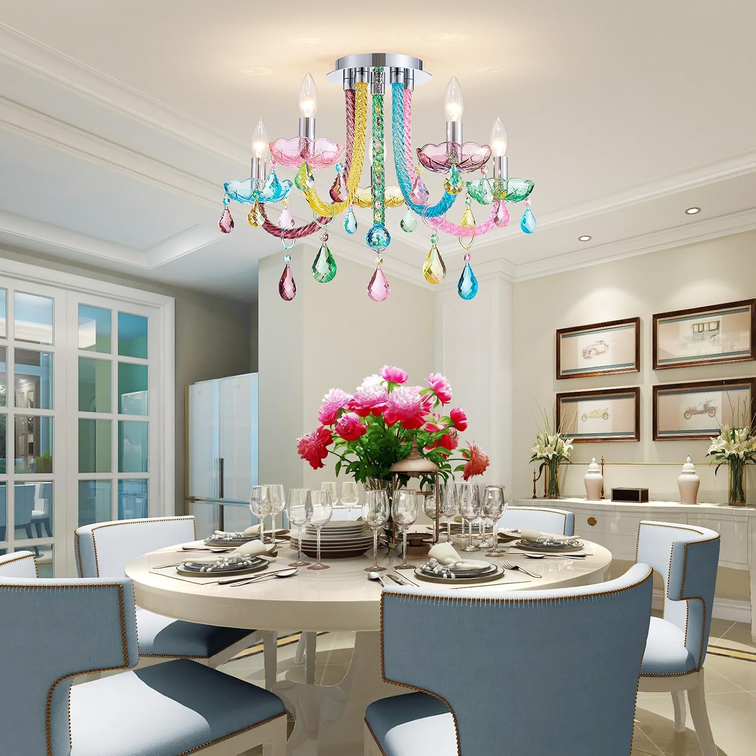 5-Light Children Candle Chandeliers, Modern Candy Design Flushmount Light Fixture for Bedroom, Dining Room, Kitchen, Bathroom, D22×H16 inch, Clear Rainbow Color Finish & K9 Crystal