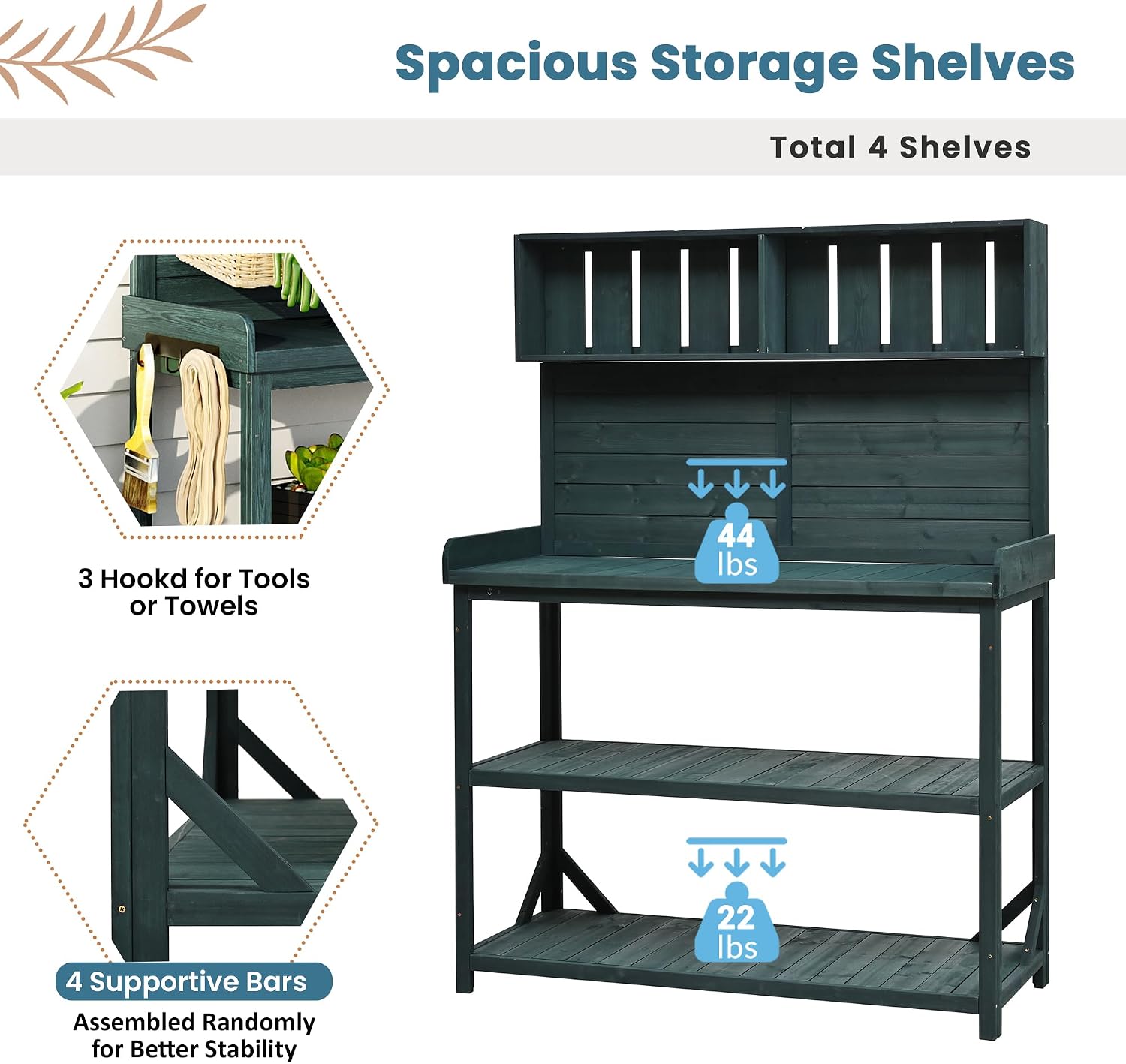 Outdoor Potting Bench Table with Storage, Farmhouse Wood Garden Tables with Storage Shelves and Side Hooks, Potting Tables for Outside, Patio, Backyard, Easy Assembly, Dark Green