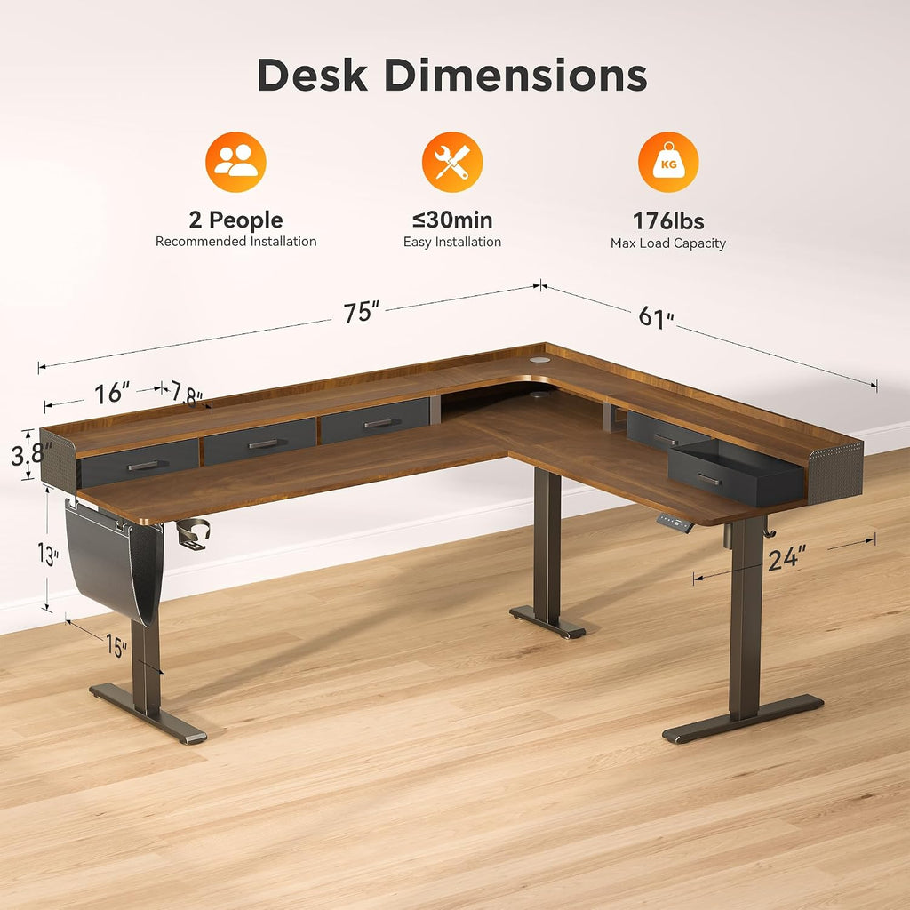 WALKINGDESK 75 Inches Height Adjustable L Shaped Standing Desk with 5 Drawers and Monitor Shelf, Electric Sit to Stand Home Office Comupter Table, Ergonomic Corner Gaming Desk, Black Walnut