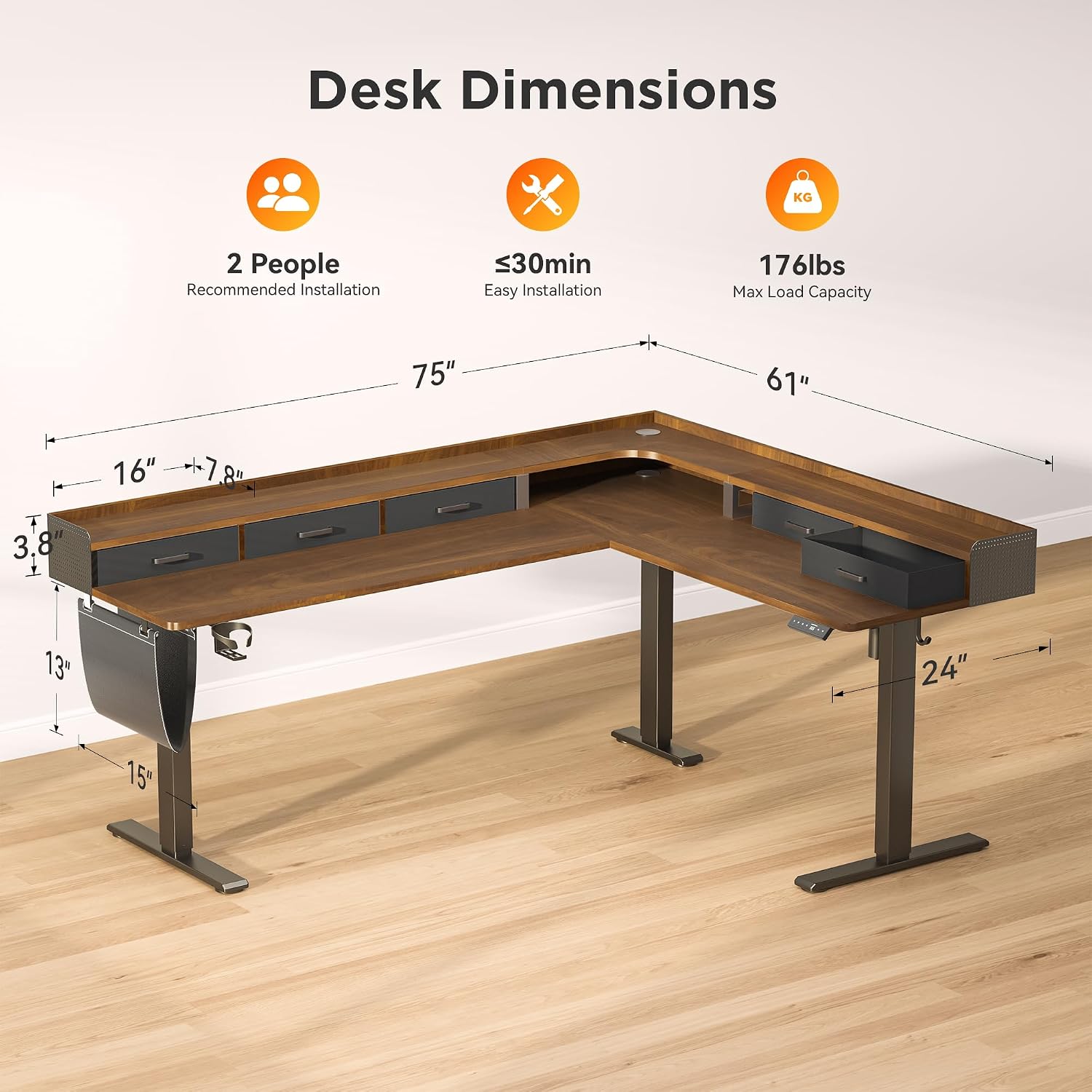 WALKINGDESK 75 Inches Height Adjustable L Shaped Standing Desk with 5 Drawers and Monitor Shelf, Electric Sit to Stand Home Office Comupter Table, Ergonomic Corner Gaming Desk, Black Walnut