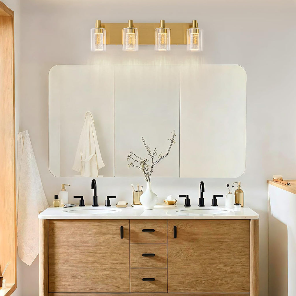 SineRise Vanity Light with 3 Color Modes (3000K/4000K/6000K), Eye Protection LED Bathroom Light Fixture, Dimmable Modern Wall Light Over Mirror with Clear Glass Shade (Gold, 4-Light)