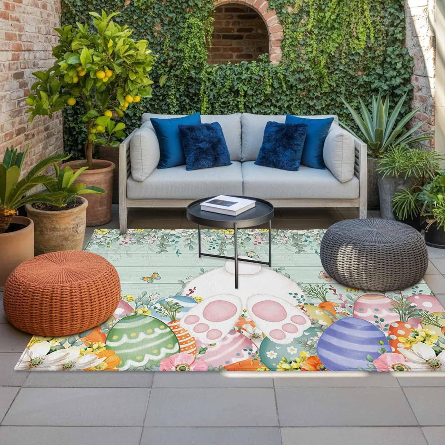Cute Easter Bunny Outdoor Rug for Patio/Deck/Porch, Non-Slip Large Area Rug 4 x 6 Ft, Eucalyptus Leaves Colorful Eggs Teal Wooden Indoor Outdoor Rugs Washable Area Rugs, Camping Rug Carpet Runner