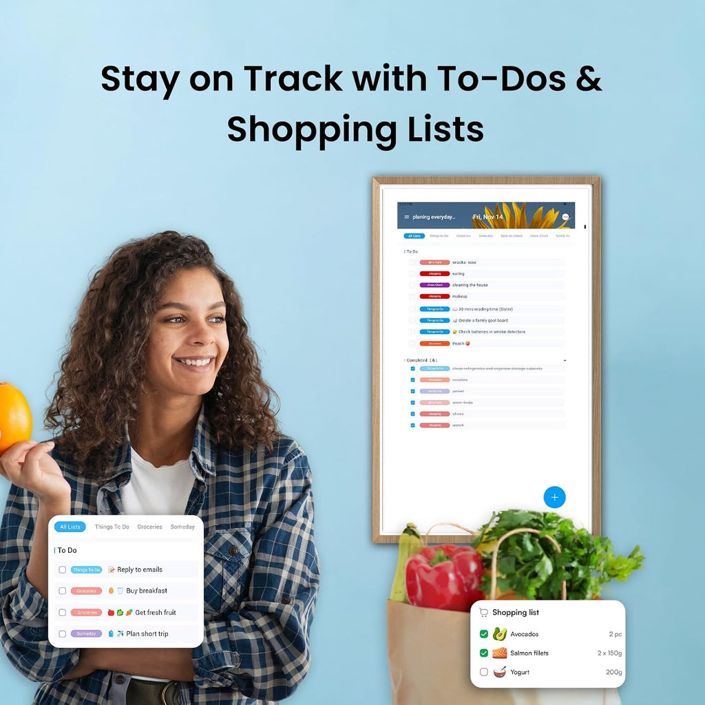 Apolosign 27-inch Digital Calendar : Dual Mode Smart Wall Planner, No Subscription, Install Apps, Sync Calendars, Electronic Touchscreen Interactive Display for Family Schedules, Chore Chart - with Stand (Teak)