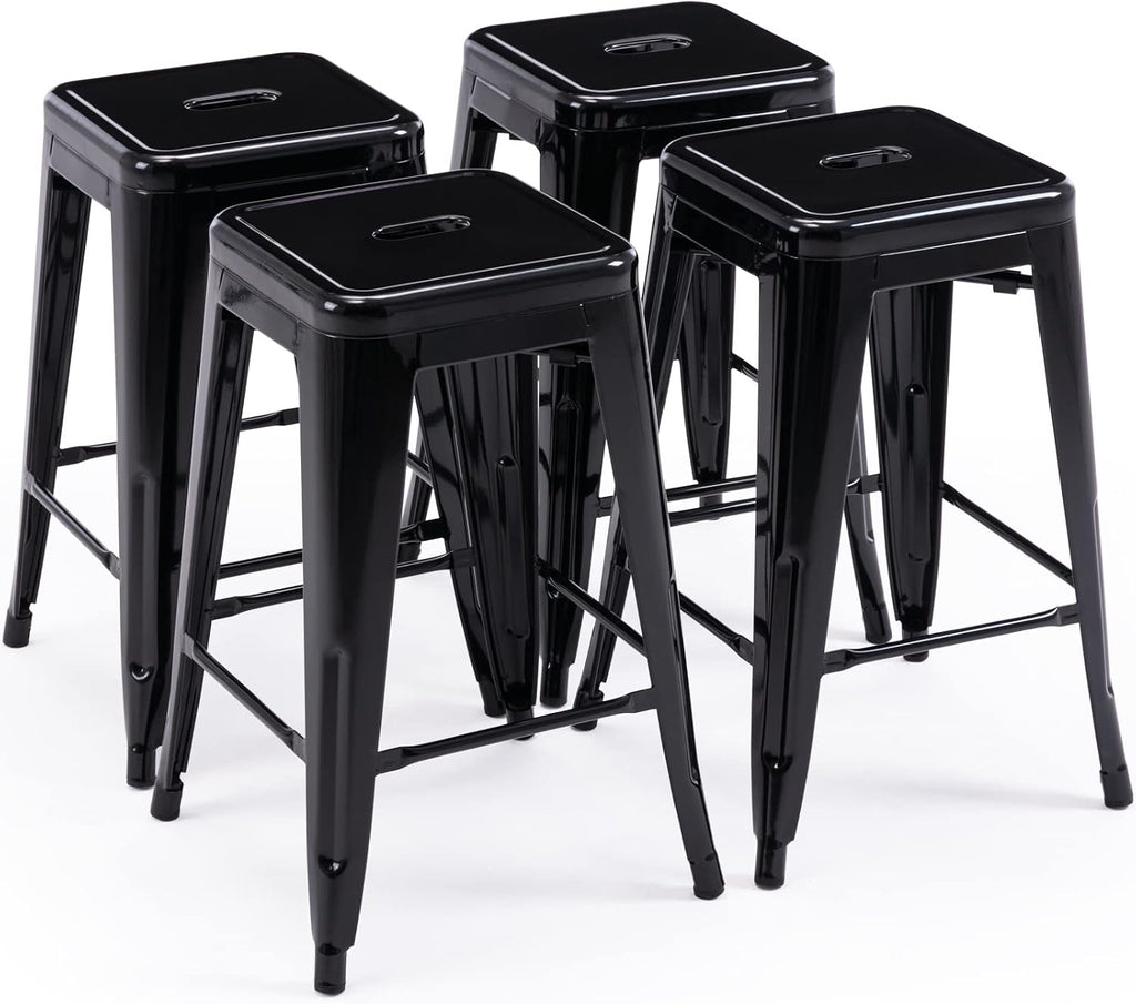 Vogue Furniture Direct 24 Inch Metal Bar Stools, Backless Counter Height Barstools, Indoor Outdoor Stackable Stools with Square Seat, Set of 4 (Black)
