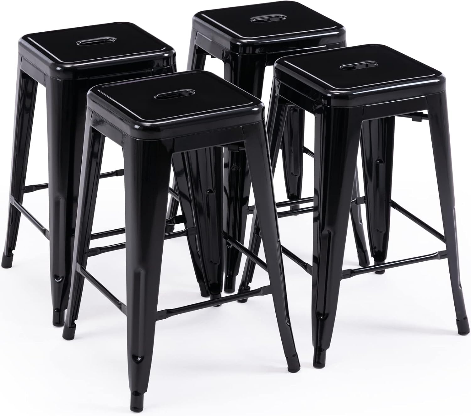 Vogue Furniture Direct 24 Inch Metal Bar Stools, Backless Counter Height Barstools, Indoor Outdoor Stackable Stools with Square Seat, Set of 4 (Black)