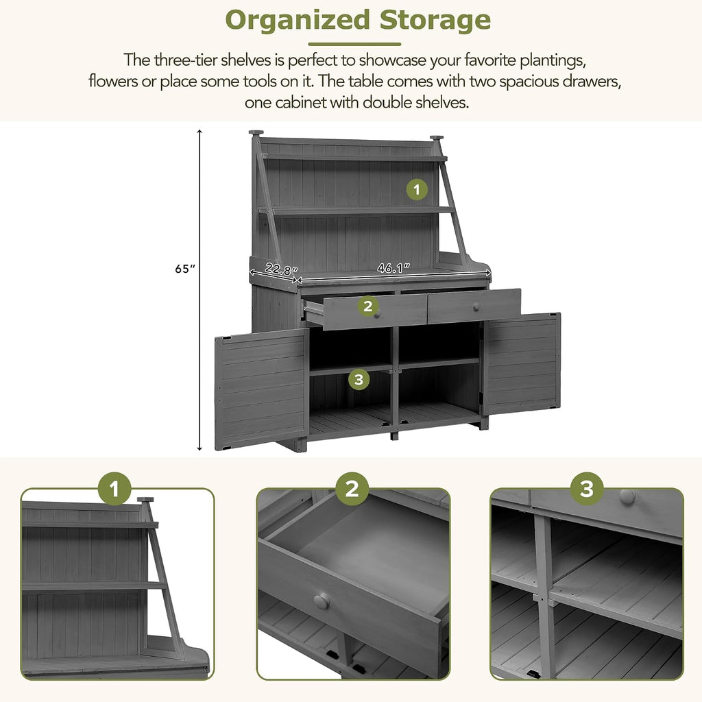 65inch Garden Potting Bench Table, Fir Wood Workstation with Storage Shelf, Drawer and Cabinet for Mudroom,Doorway (Gray2, 65')