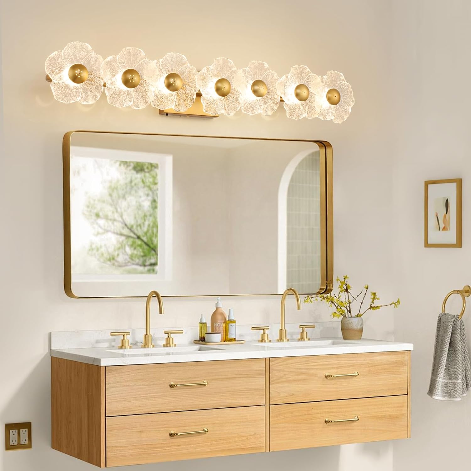 MantoLite 33.46'' Bathroom Light Fixtures Modern Vanity Light Over Mirror Adjustable 3000K-6000K Picture Lights Art Light with Floral Clear Glass Shades for Living Room Bedroom (7 Light Gold)