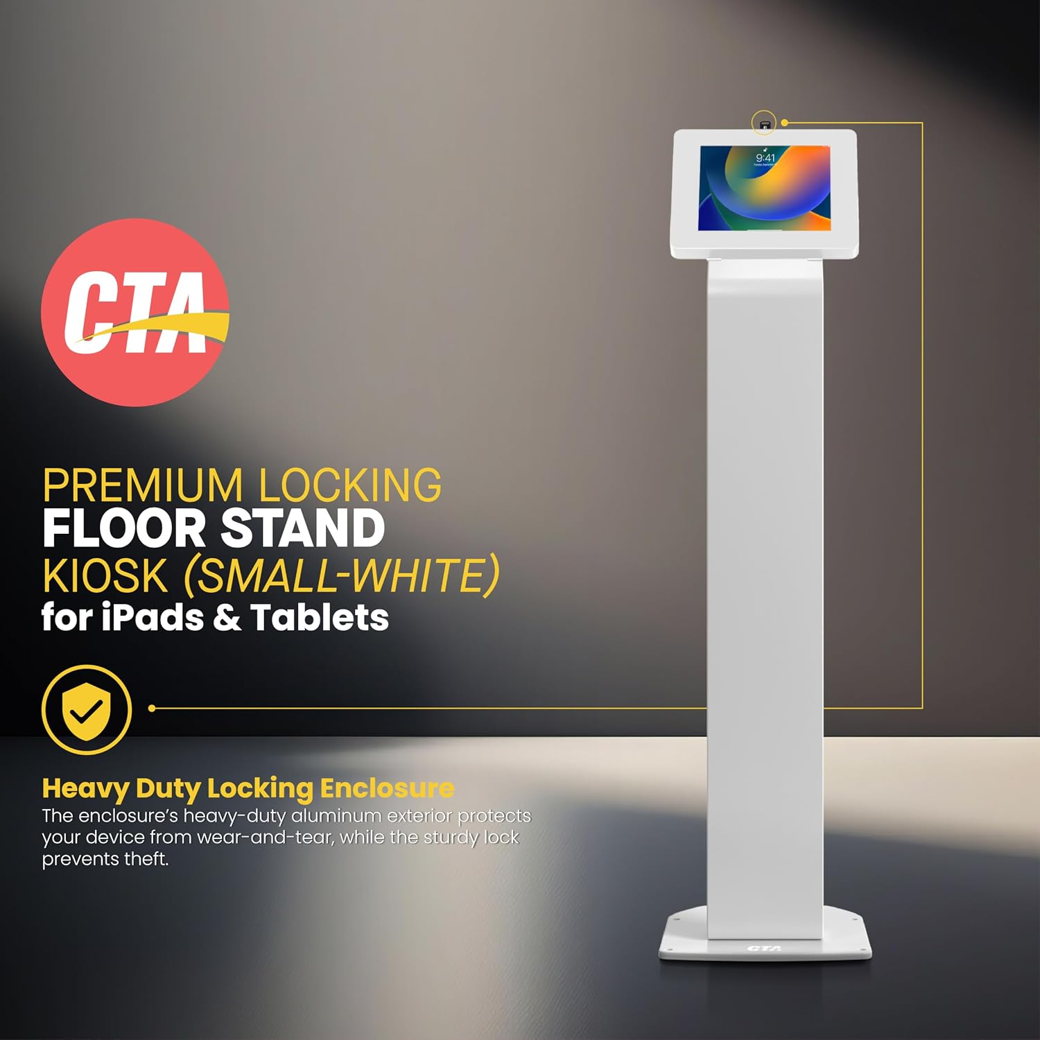 Locking Stand Kiosk – CTA Premium Small Locking Support Base Kiosk with Steel Body and Heavy-Duty Security Enclosure - iPad mini A17 Pro & 1/2/3/4/5/6 - Samsung Tab A 8″