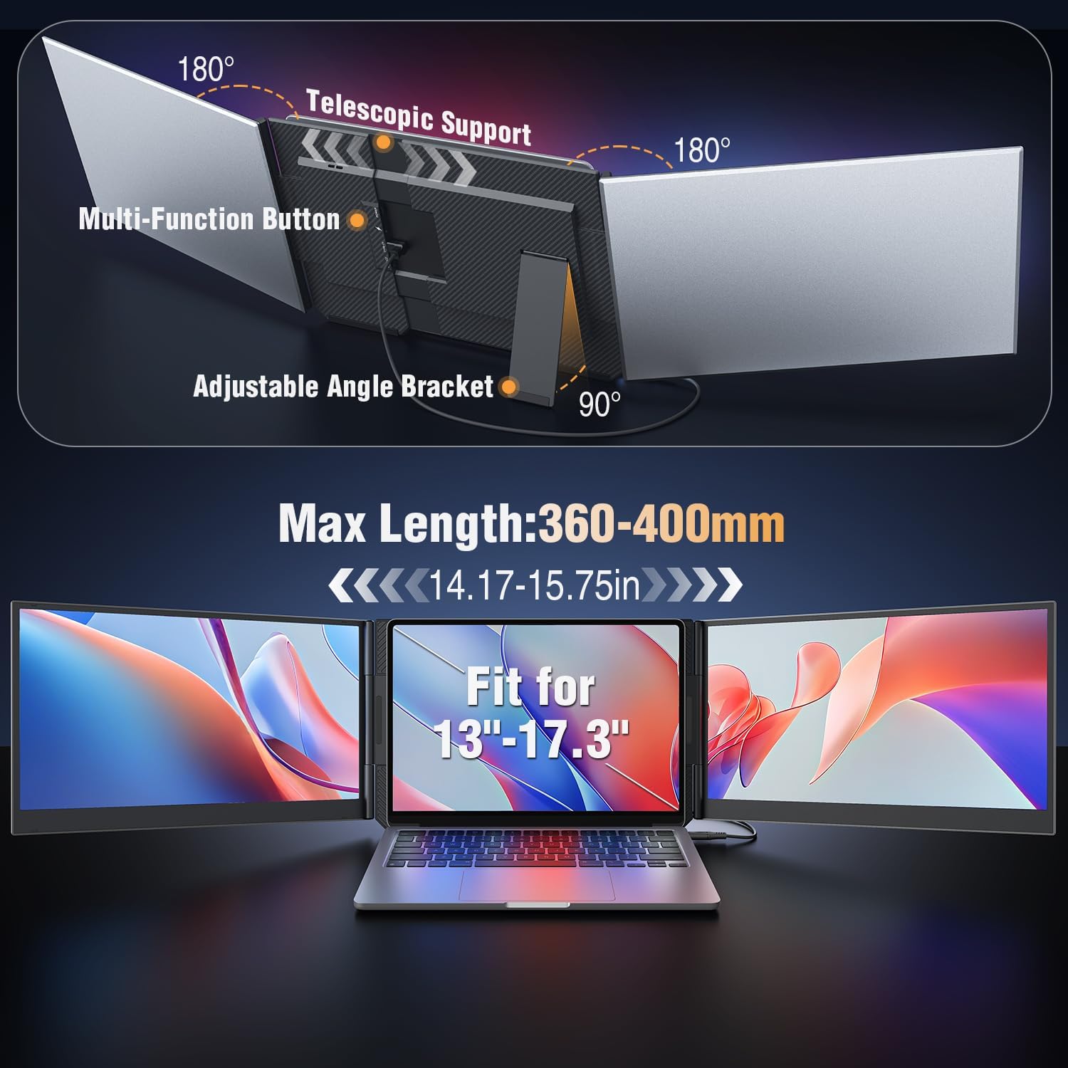APILDELLA 15.6'' Triple Laptop Screen Extender, 1080P FHD Portable Dual Monitor for Laptop USB C HDMI, Plug-Play Monitor Extender for Triple Display for Mac/Windows, Fit 13'-17.3' Laptops