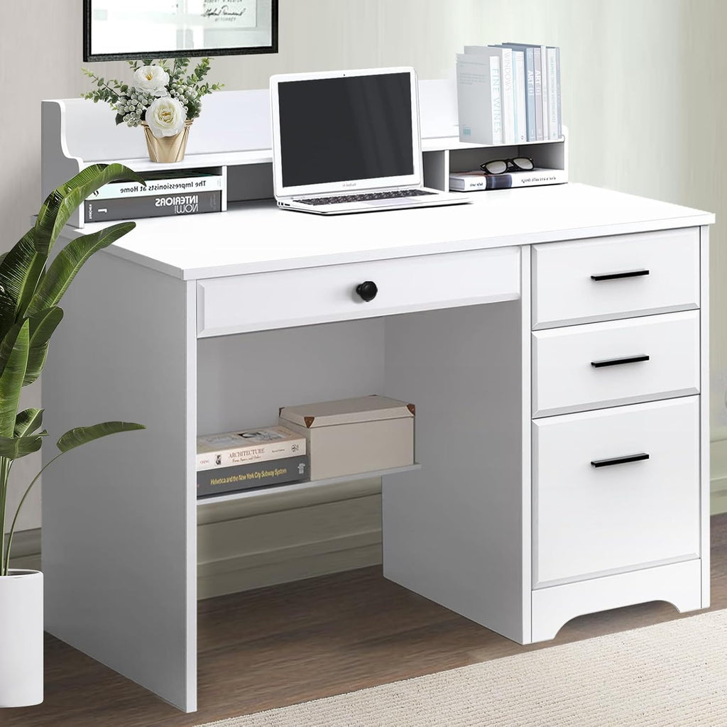 Catrimown Computer Desk with 4 Drawers and Hutch, Home Office White Writing Desk with File Drawer and Shelves for Small Spaces, Small Desk Study Table for Bedroom