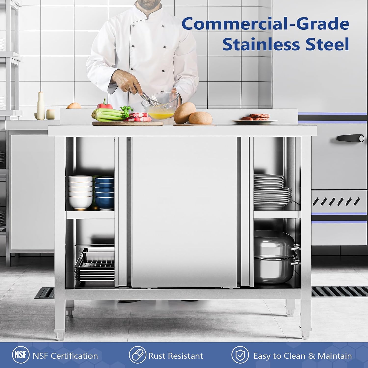 ROVSUN Commercial Heavy Duty Stainless Steel Prep Work Table with Backsplash & 2 Sliding Doors, Large Space Storage Cabinet, 39' x 19' Metal Table for Kitchen, Restaurant
