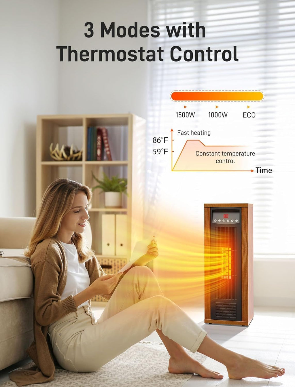 Air Choice Infrared Space Heater, 1500W Electric Portable Heater with Remote Control and Thermostat, Fast & Quiet Heating Tower Room Heater for Indoor Use, Bedroom, Office, Home, Walnut