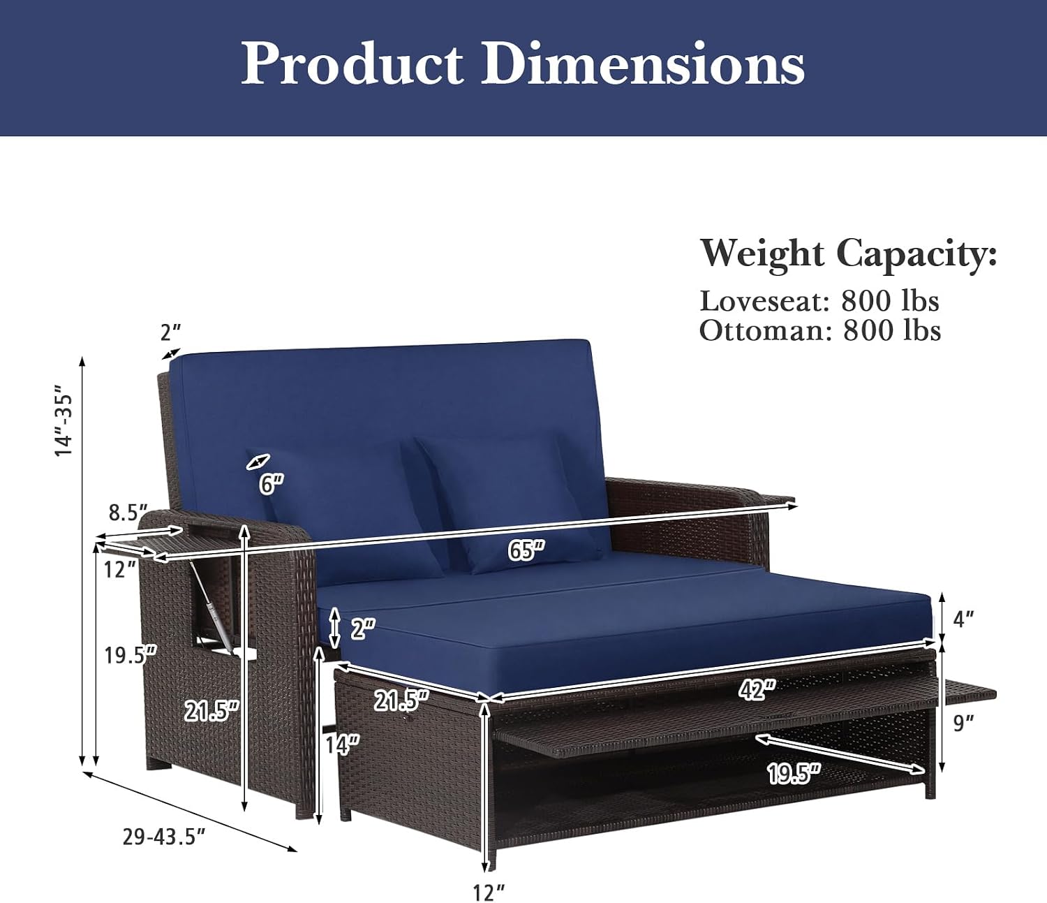 COSTWAY Patio Rattan Daybed with Cushions, Outdoor Wicker Loveseat Sofa with Storage Ottoman, 4-Level Adjustable Backrest, Bed Lounger for Yard, Balcony, Porch, Garden, Pool, Navy