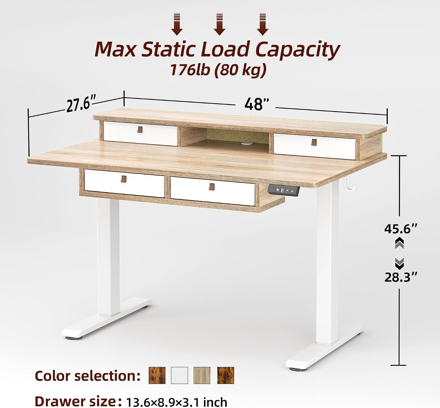 TIQLAB 48 * 28 Inch Standing Desk with Four Drawers, Electric Sit Stand Table, Stand Up Desk Adjustable Height with Storage Shelf, Splice Board, Maple