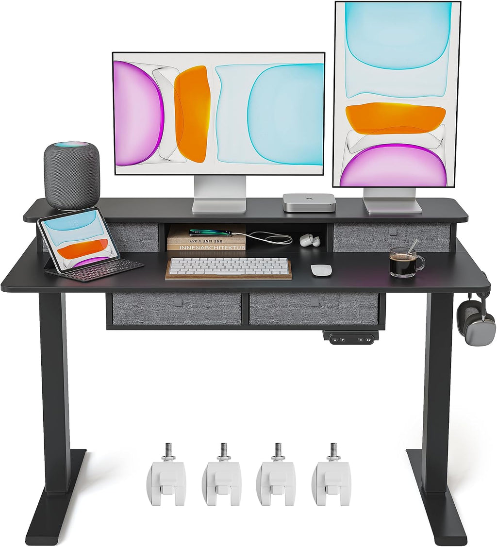 BANTI Height Adjustable Electric Standing Desk with 4 Drawers, 48 x 24 Inch Table with Storage Shelf, Sit Stand Desk, Black Top