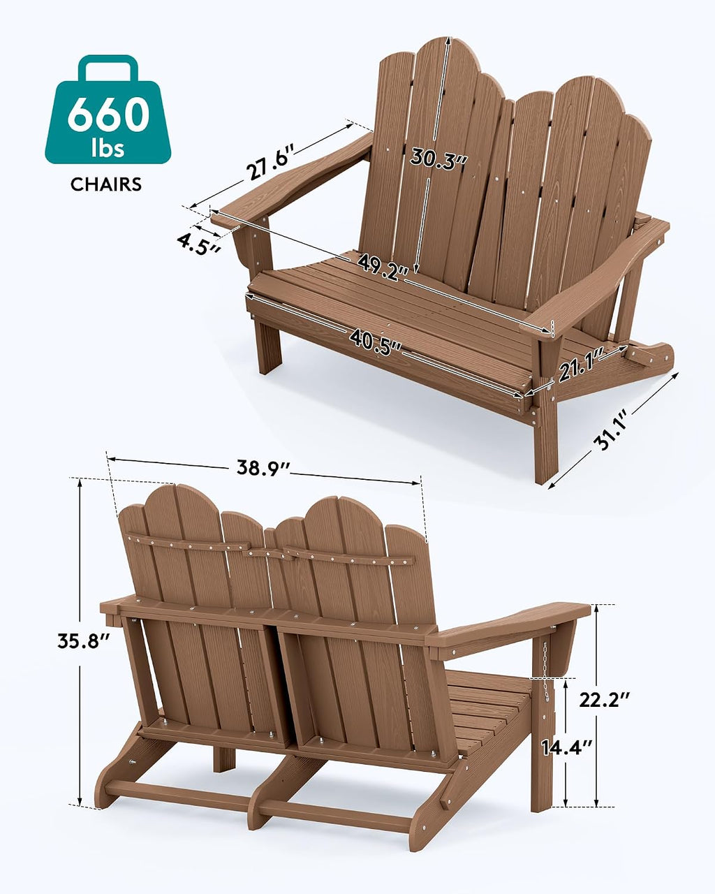 SERWALL 3 Pieces Patio Adirondack Bench Set, 2 Folding Adirondack Bench & 1 Coffee Table with Umbrella Hole Set for Front Porch Garden Balcony Backyard, Brown
