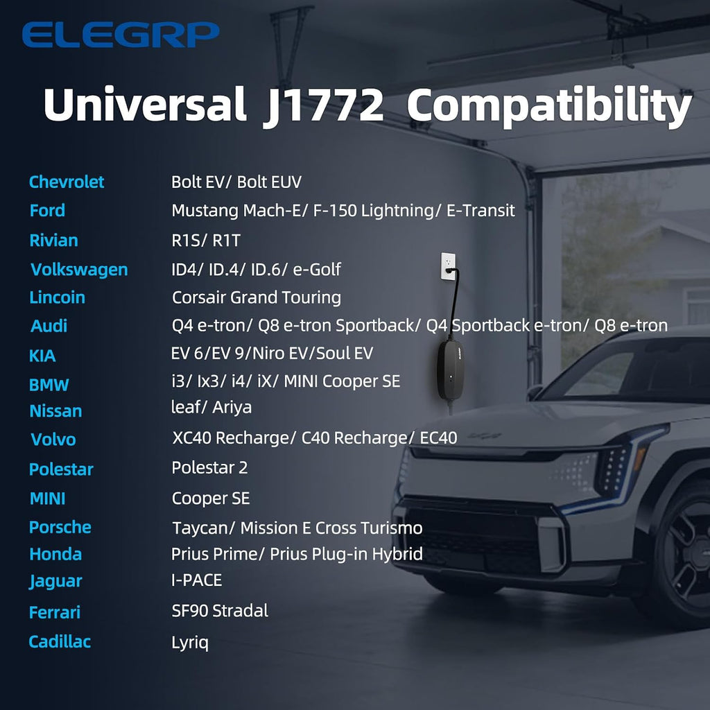 ELEGRP Level 1/2 EV Charger, 16 Amp, Portable J1772 Electric Car Charger, 16FT Cable, NEMA 6-20 & 5-15 Adapter, 110V-240V for BEVs/PHEVs, PBE & LRC Technology