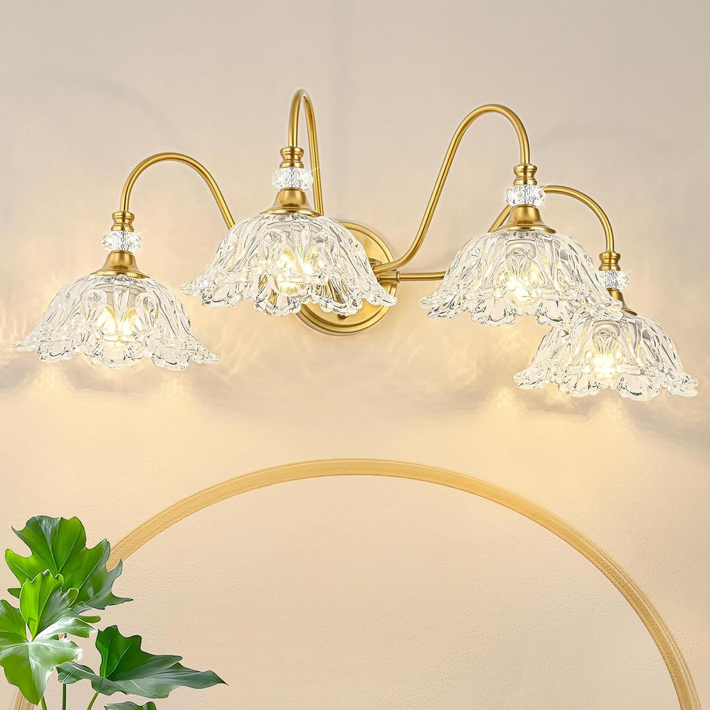 Gold Bathroom Vanity Light, 4-Light Brushed Gold Finish Vanity Light with Floral Clear Glass Shades, Vintage Wall Mount Lighting for Bathroom, Dressing Table