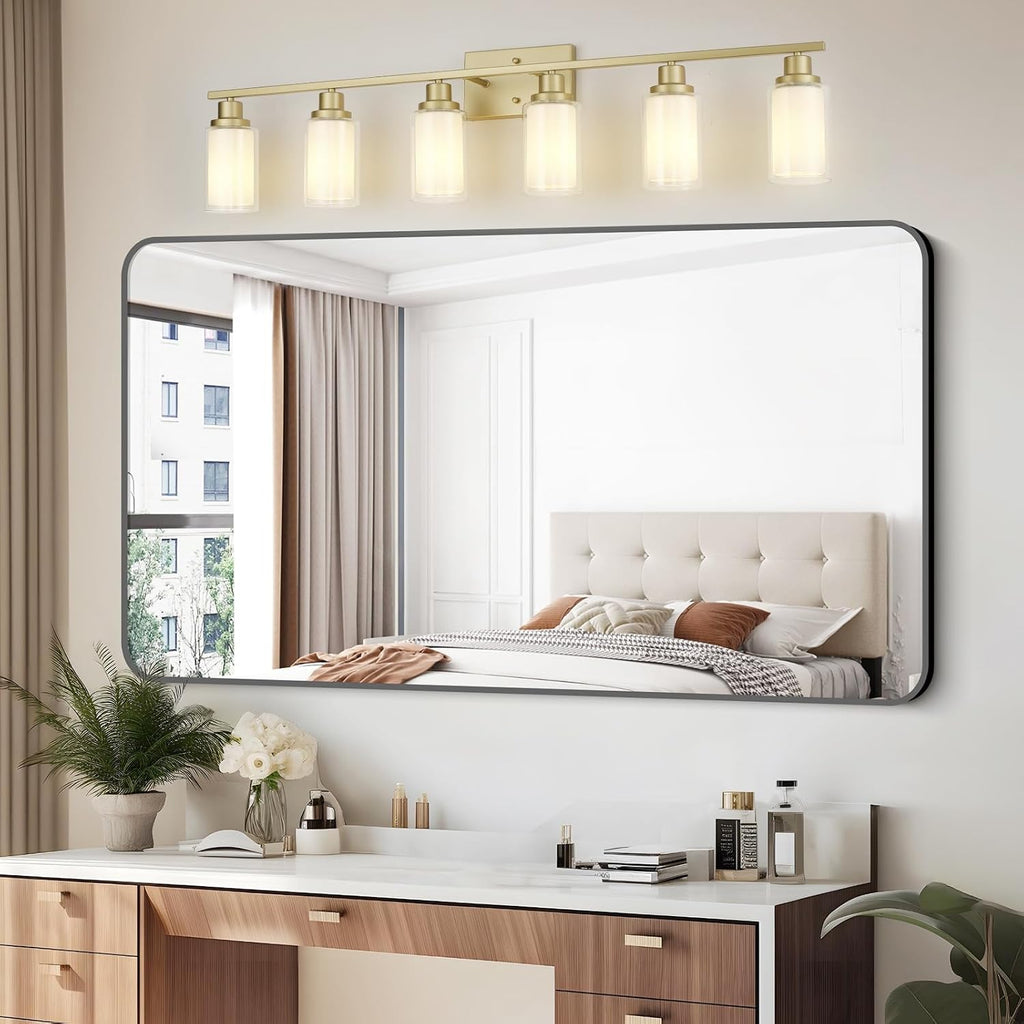 Jonsi Bathroom Vanity Light 6-Light Gold Vanity Lights 44.5' Bathroom Light Fixtures Over Mirror with Double Clear Glass Modern Wall Sconces for Living Room Hallway Bedroom