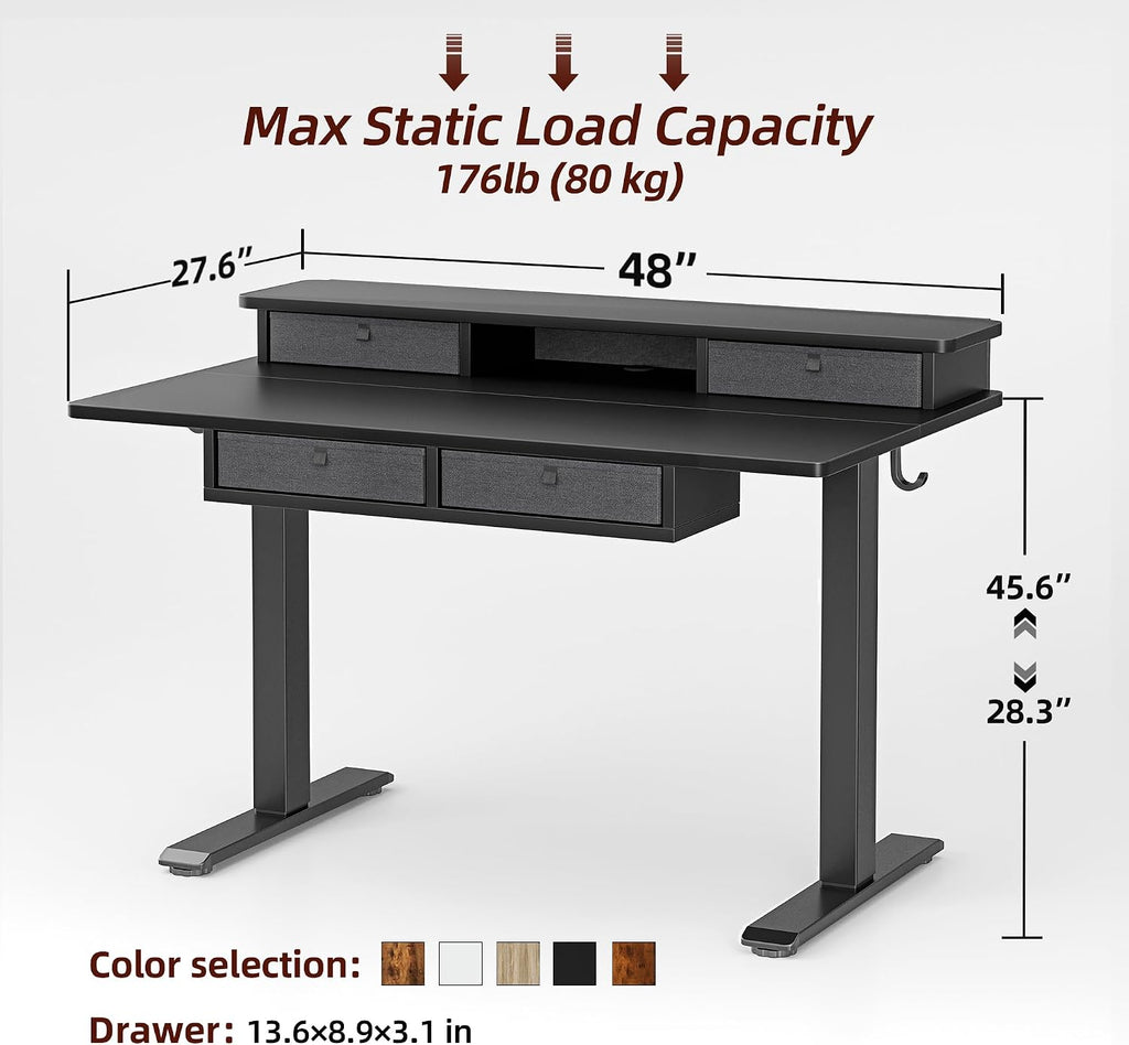 TIQLAB Height Adjustable Desk with Four Drawers, 48 * 28 Inch Standing Desk with Storage Shelf, Splice Board, Black