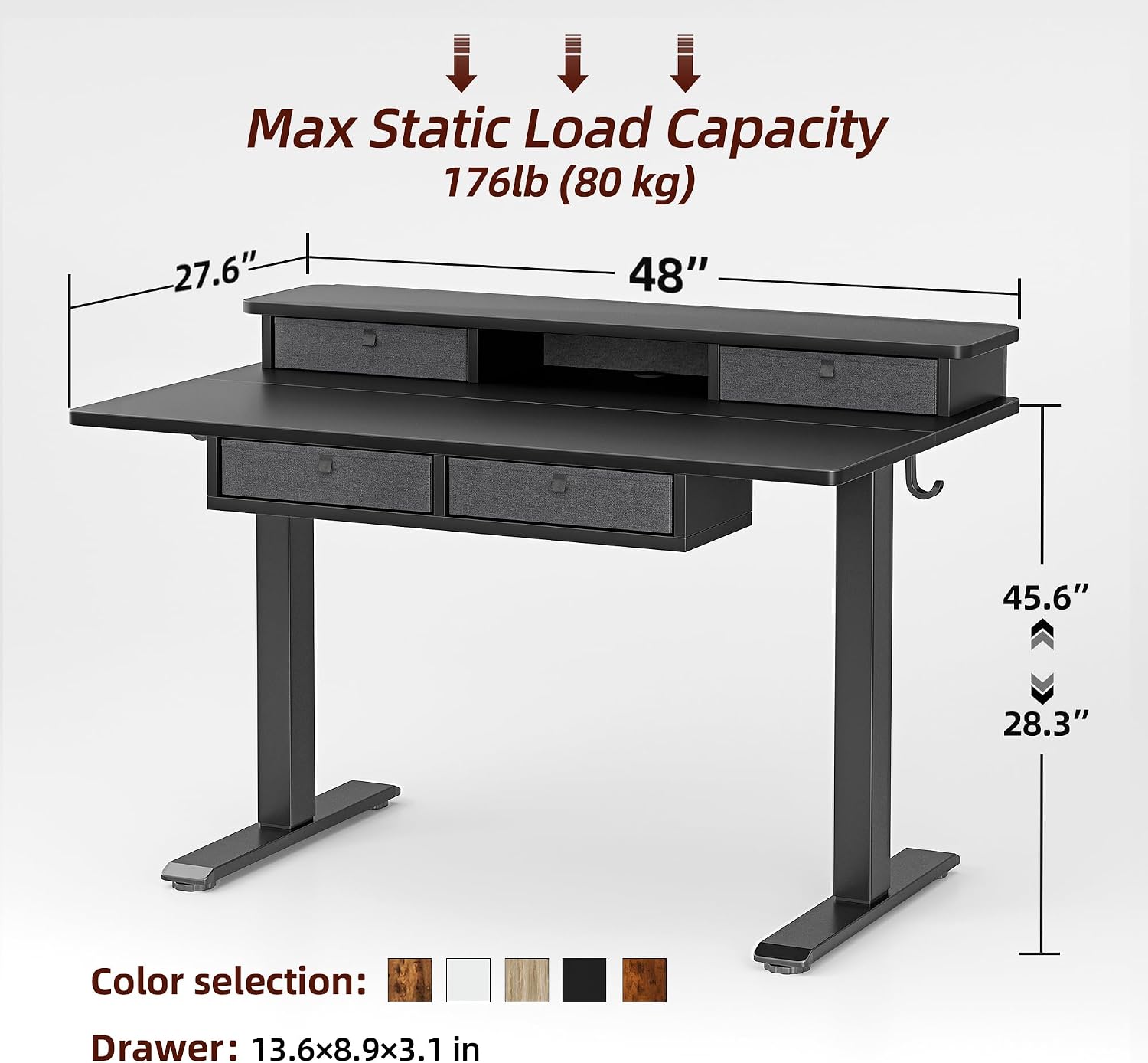 TIQLAB Height Adjustable Desk with Four Drawers, 48 * 28 Inch Standing Desk with Storage Shelf, Splice Board, Black