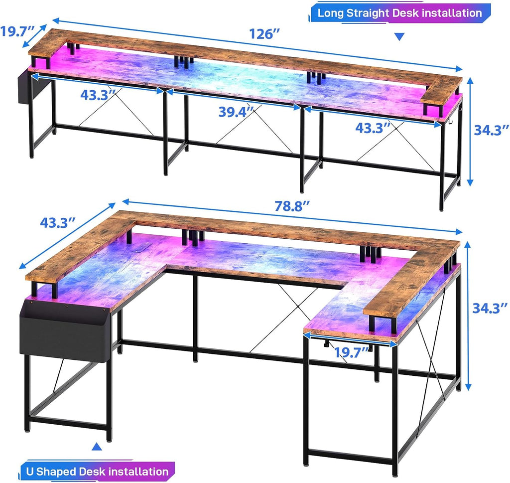 u Shaped Desk with Power Outlets & LED Lights, 79' Extra Large Reversible Corner Office Desk, Monitor Stand & Storage Shelves, Corner Computer Table Office Table with Full Monitor Stand