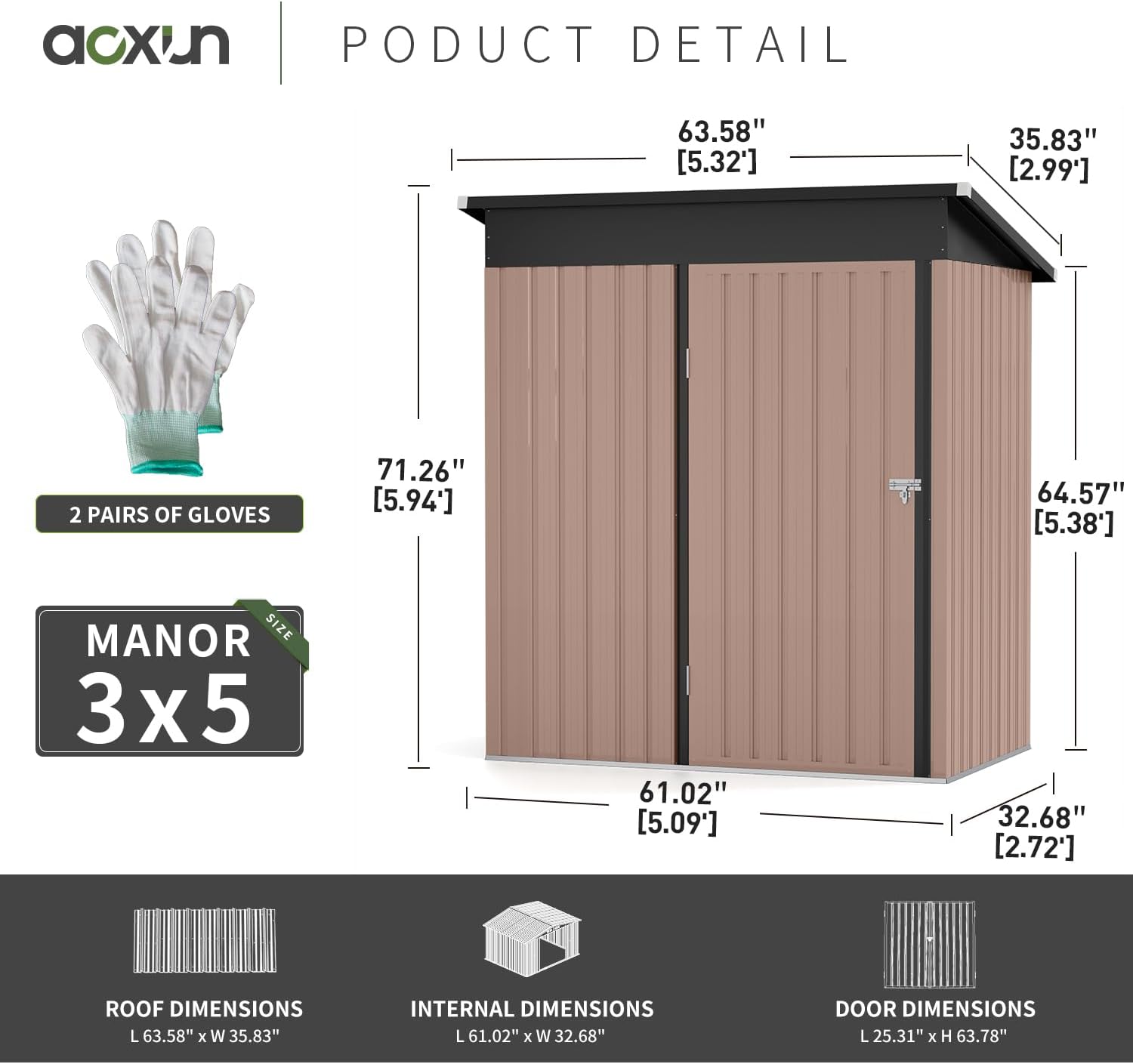 Aoxun 5x2.7 FT Outdoor Metal Storage Shed - Durable Water-Resistant Galvanized Steel, Sloping Roof Design, Lockable Door - Ideal for Tool Storage on Lawn, Patio & Backyard (Brown)