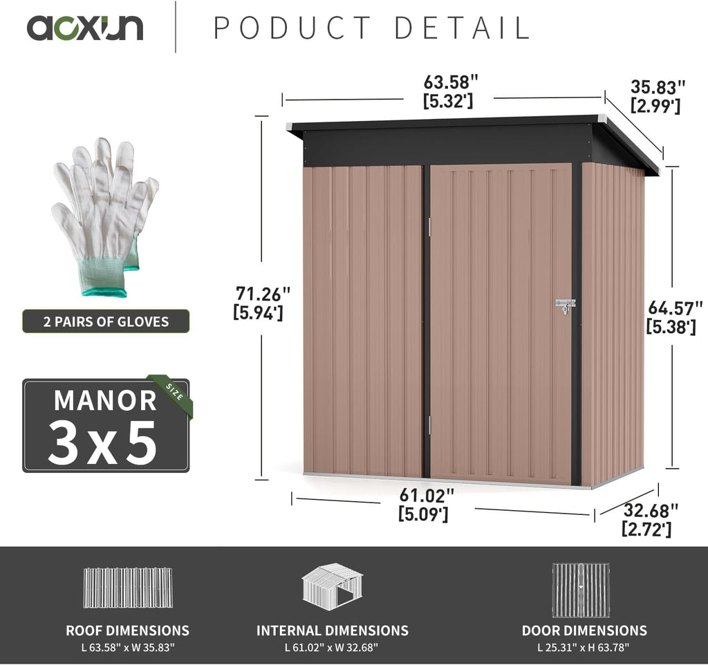 Aoxun 61x32In Outdoor Storage Cabinet Metal Garden Shed, Indoor& Outdoor Waterproof Vertical Storage Shed for Patio Garden, Garage, Porch (Brown, 80 Cu.Ft)
