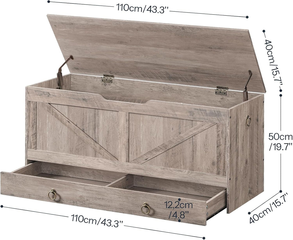 HOOBRO Storage Chest, 43.3' Toy Chest with Drawer, Wooden Storage Bench, Sturdy Entryway Bench Supports 220 lb, Shoe Bench, Safety Hinge, U-Shaped Opening, Easy Assembly, Greige BG711CW01G1