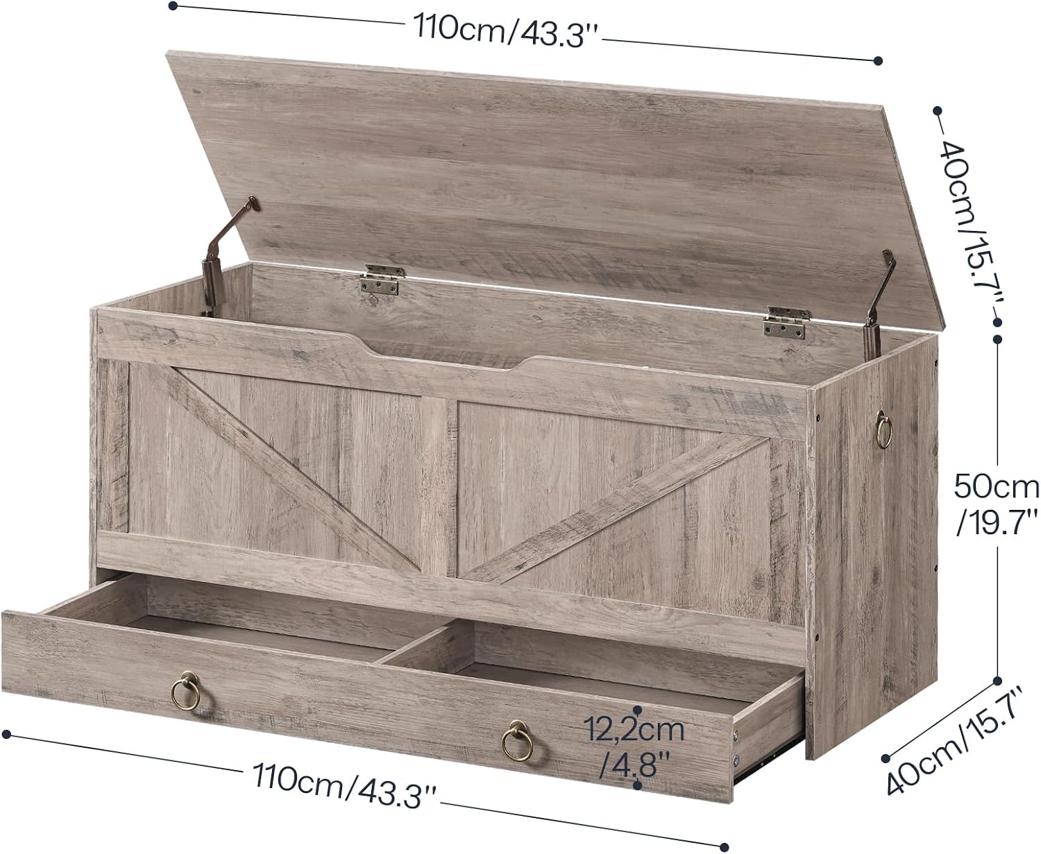 HOOBRO Storage Chest, 43.3' Toy Chest with Drawer, Wooden Storage Bench, Sturdy Entryway Bench Supports 220 lb, Shoe Bench, Safety Hinge, U-Shaped Opening, Easy Assembly, Greige BG711CW01G1