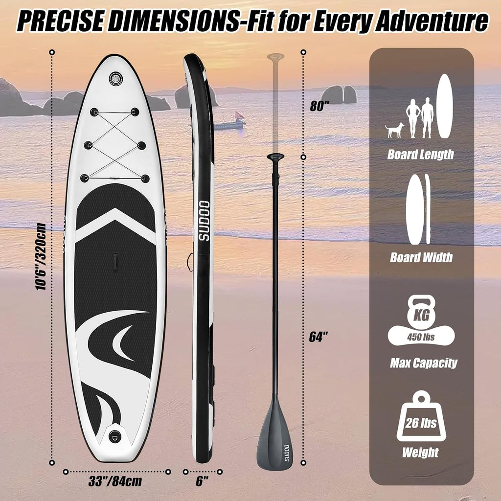 SUDOO Inflatable Stand Up Paddle Board 10'/ 10'6' SUP with 450LB Weight Capacity Adjustable Paddle Wide Stable Non Slip EVA Deck Complete Accessories for Adults Beginners Youth Outdoor Water Sports
