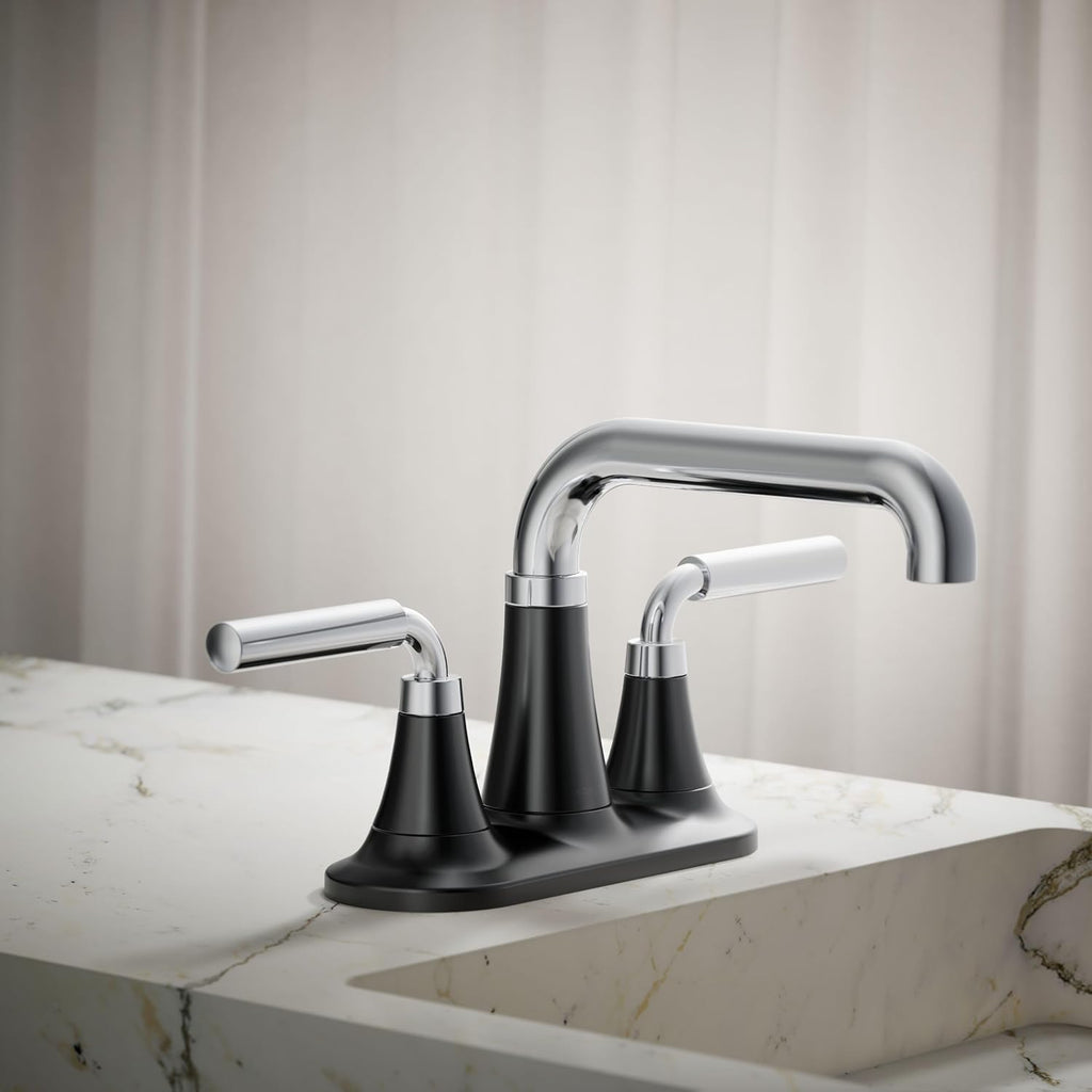 KOHLER K-27414-4-CBL Tone™ Centerset Bathroom Sink Faucet, Clicker Drain, Bathroom Faucets, 1.2 GPM, Polished Chrome with Matte Black