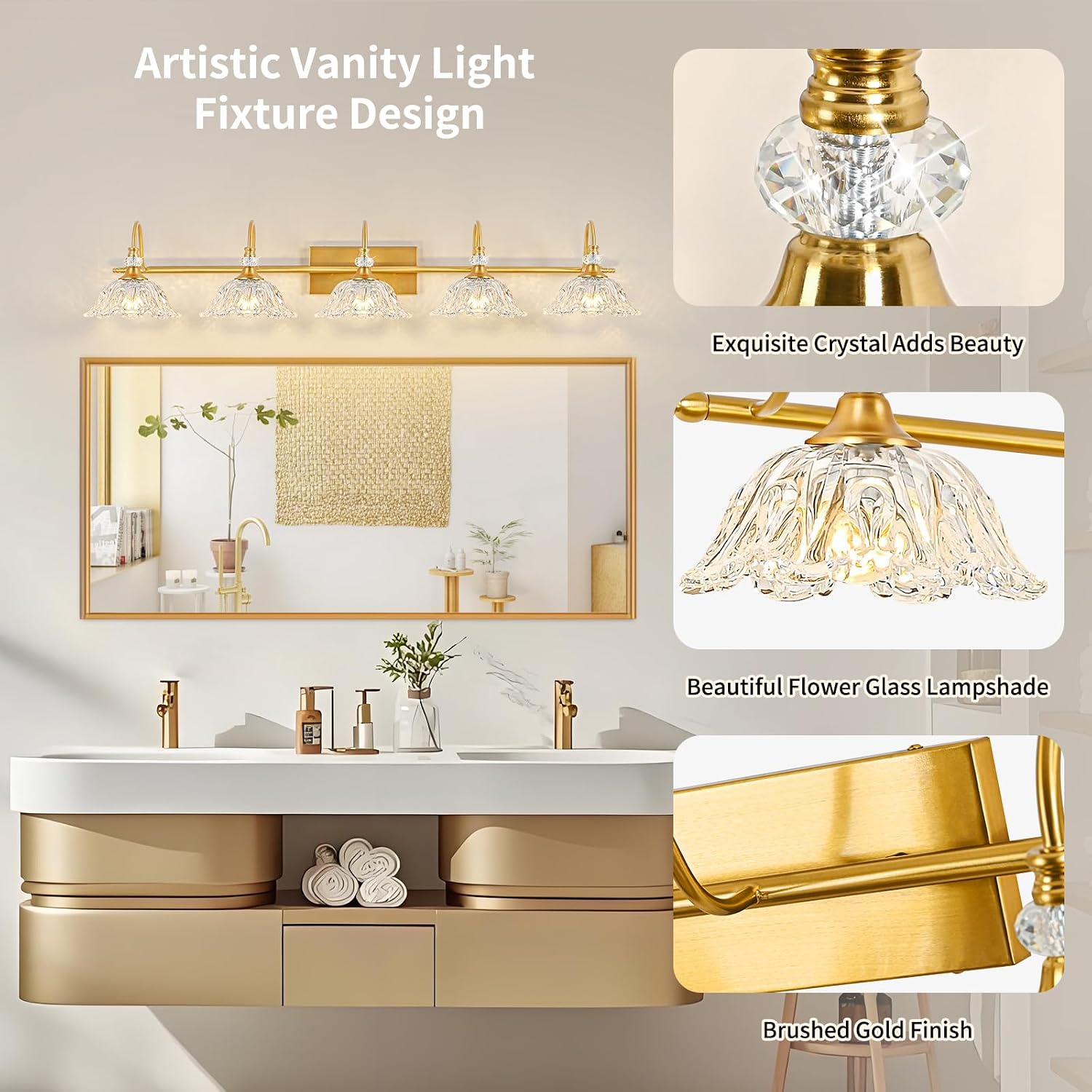 Gold Bathroom Vanity Light, 5-Light Brushed Gold Finish Vanity Light with Floral Clear Glass Shades, Vintage Wall Mount Lighting for Bathroom, Dressing Table