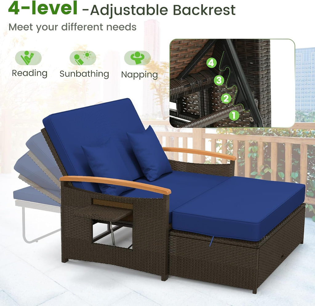 Tangkula Patio Rattan Daybed with 4-Level Adjustable Backrest, Outdoor Wicker Loveseat with Acacia Wood Armrest, Storage Ottoman & Folding Tray, Double Sunbed for Balcony, Backyard & Poolside (Navy)