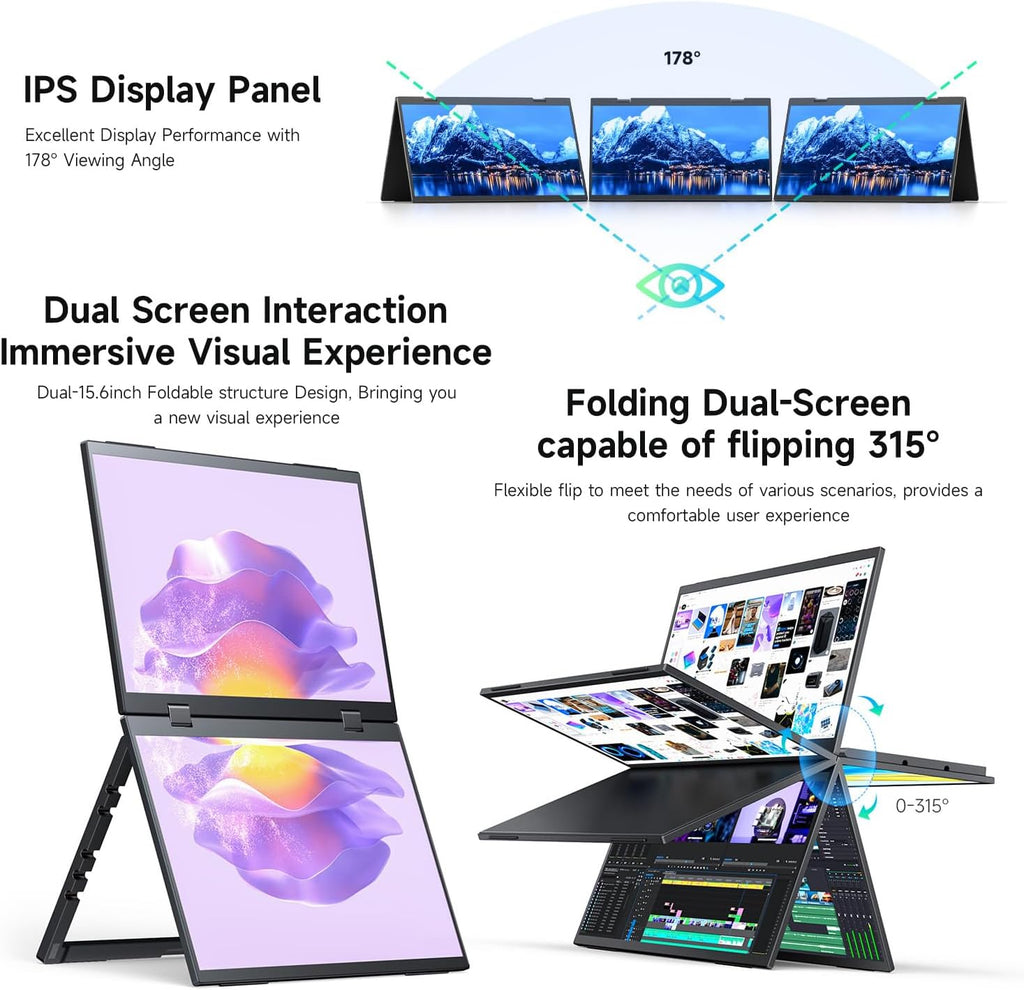 Waveshare 15.6inch Dual-Screen Stacked Portable Monitor Dual-1080p Foldable Extender Screen 100%SRGB 178° Viewing Angle With Gravity Sensor Hi-Fi Speaker Support Multi Display Modes for Windows/MacOS