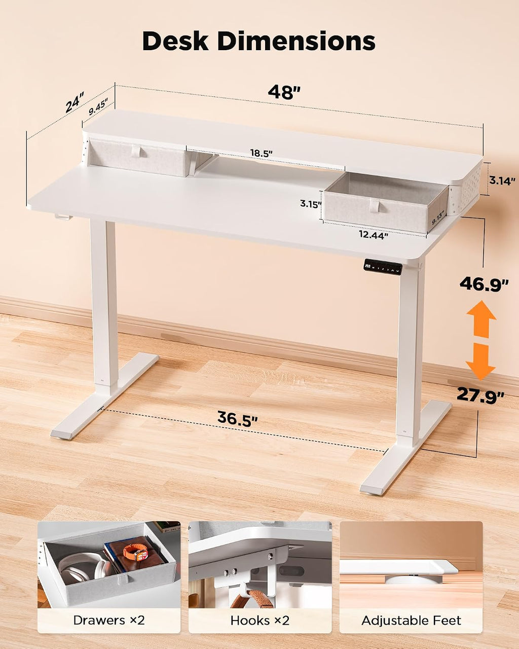 FiCiHi 48x24 Inch Standing Desk with Drawers, C-Clamp Mount Compatible, Electric Adjustable Height Computer Stand Up Desks, Home Office Sit Stand Table with 3 Preset Heights, White