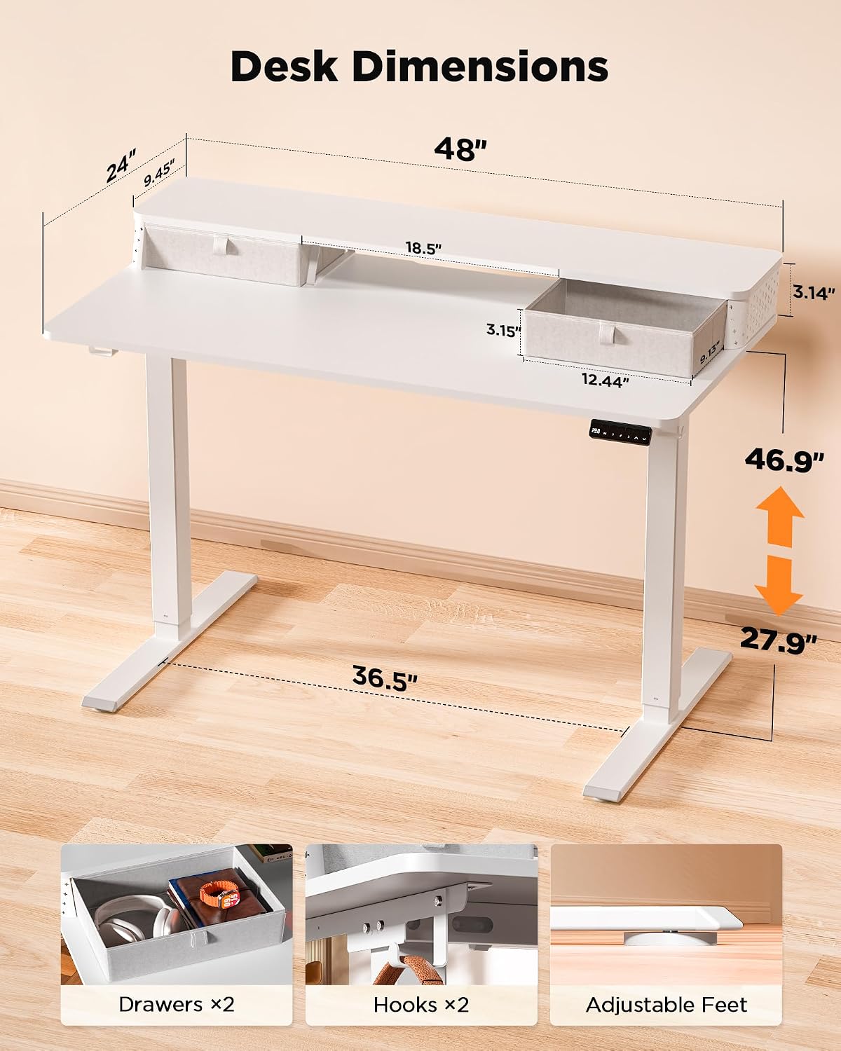 FiCiHi 48x24 Inch Standing Desk with Drawers, C-Clamp Mount Compatible, Electric Adjustable Height Computer Stand Up Desks, Home Office Sit Stand Table with 3 Preset Heights, White