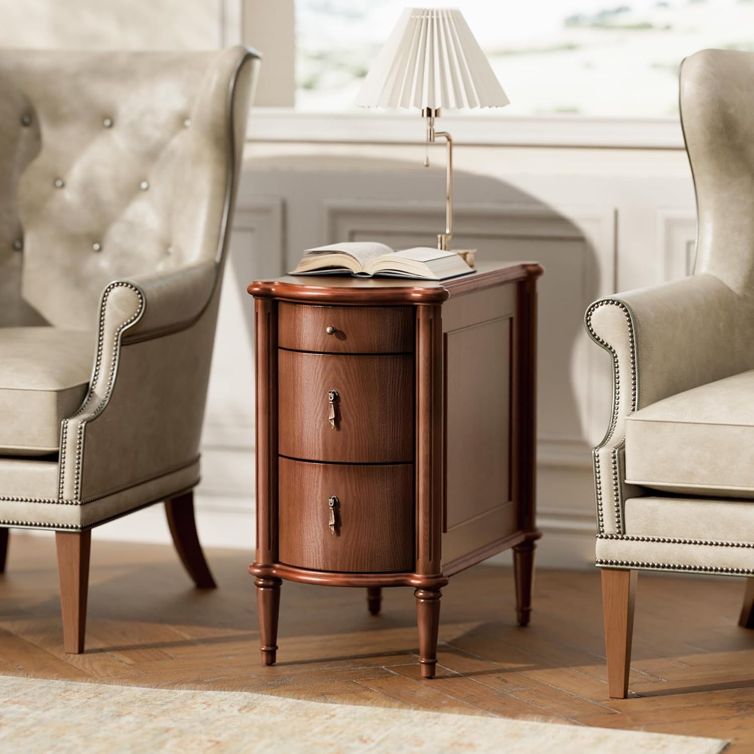STO'SENSE Nightstand w/Charging Station & 3 Drawers, Pre-Assembled, Vintage Side Table w/Antique-Finished Pulls, Rustic Wood Finish, Narrow End Table w/Turned Legs for Bedroom (1, Brown)