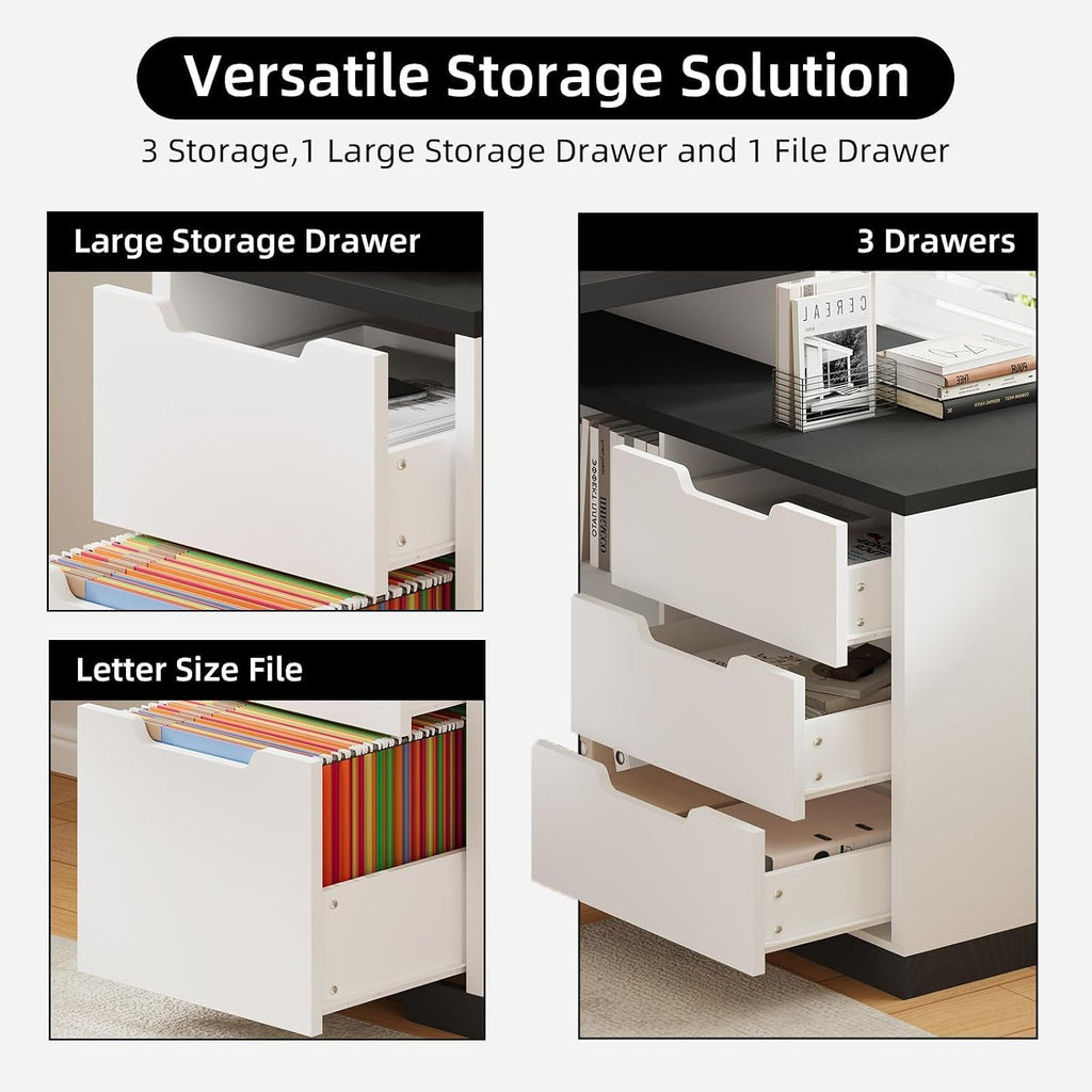 MaverickFurni Modern L Shaped Desk with Drawers, 71 Inch Home Office Desk with File Cabinet and Printer Shelf, Wood Computer Desk with File Drawers and Monitor Stand, White and Black