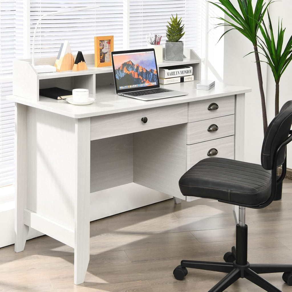 48' Vintage Computer Desk with 4 Storage Drawers & Top Hutch, Home Office Workstation with Drawer & Monitor Stand, Wooden Study Work Writing Table (White)